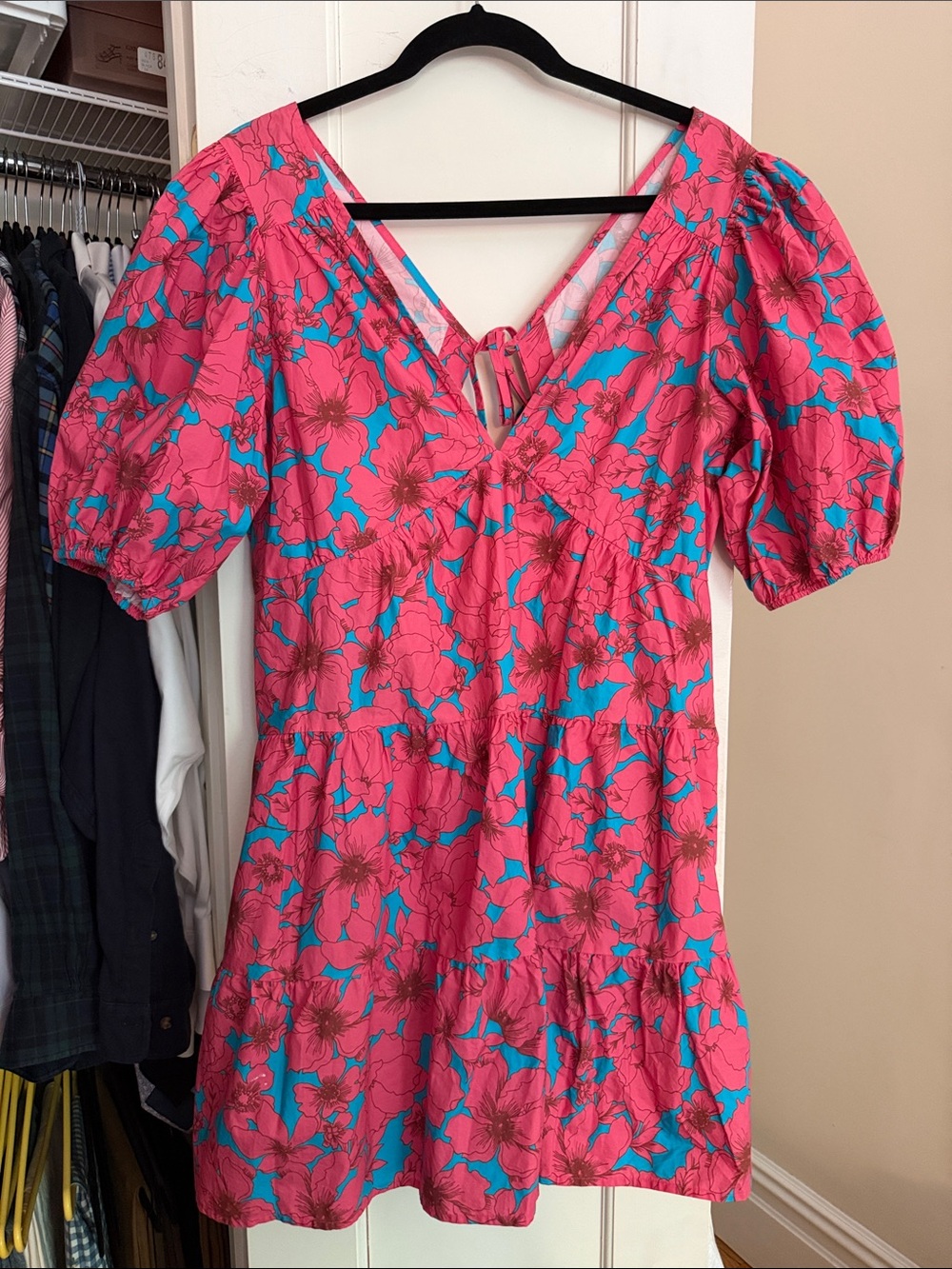 Xirena Pink & Turquoise Floral Puff-Sleeve Mini Dress Size M